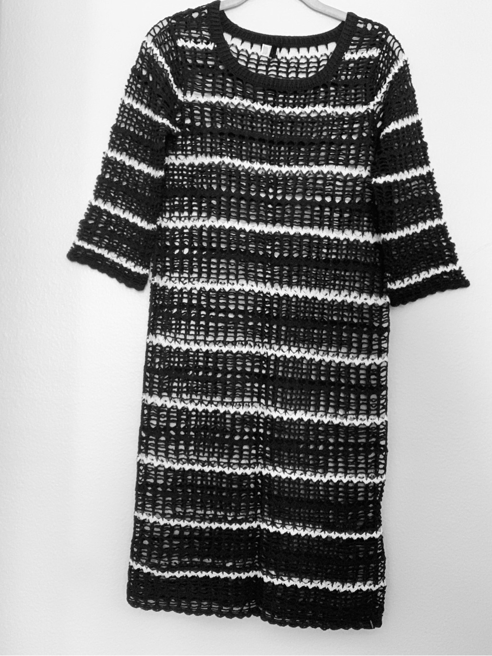Black and White Striped Crochet Midi Dress